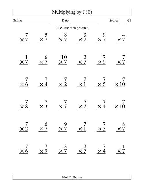 The Multiplying (1 to 10) by 7 (36 Questions) (B) Math Worksheet