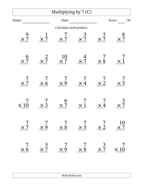 The Multiplying (1 to 10) by 7 (36 Questions) (C) Math Worksheet