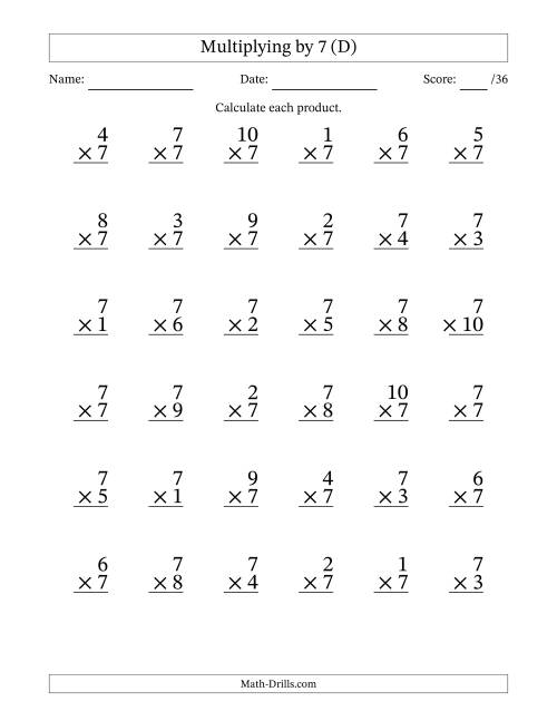 The Multiplying (1 to 10) by 7 (36 Questions) (D) Math Worksheet