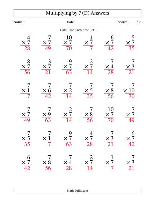 The Multiplying (1 to 10) by 7 (36 Questions) (D) Math Worksheet Page 2