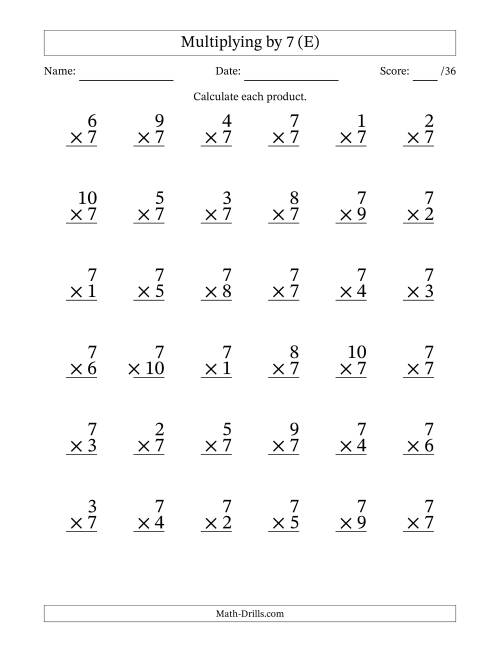 The Multiplying (1 to 10) by 7 (36 Questions) (E) Math Worksheet