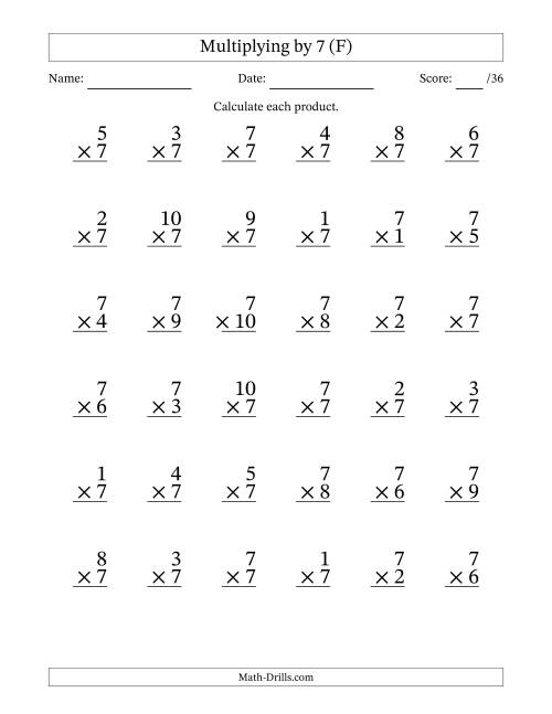 The Multiplying (1 to 10) by 7 (36 Questions) (F) Math Worksheet