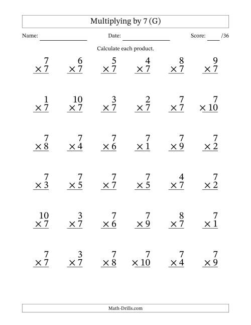 The Multiplying (1 to 10) by 7 (36 Questions) (G) Math Worksheet