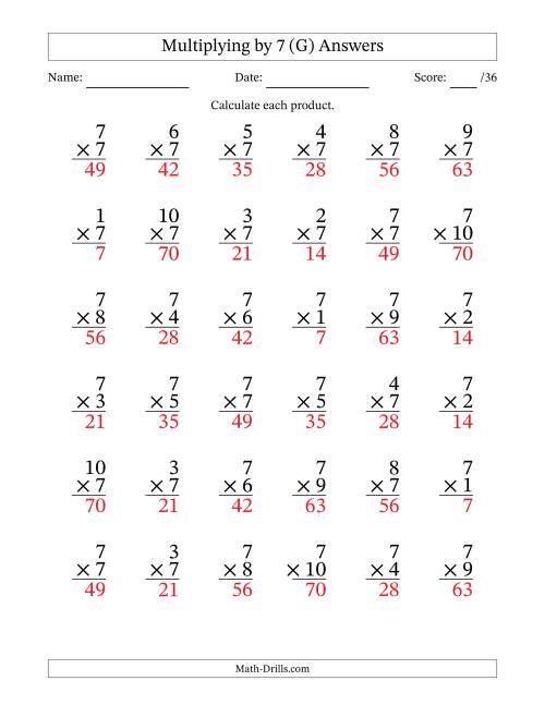 The Multiplying (1 to 10) by 7 (36 Questions) (G) Math Worksheet Page 2