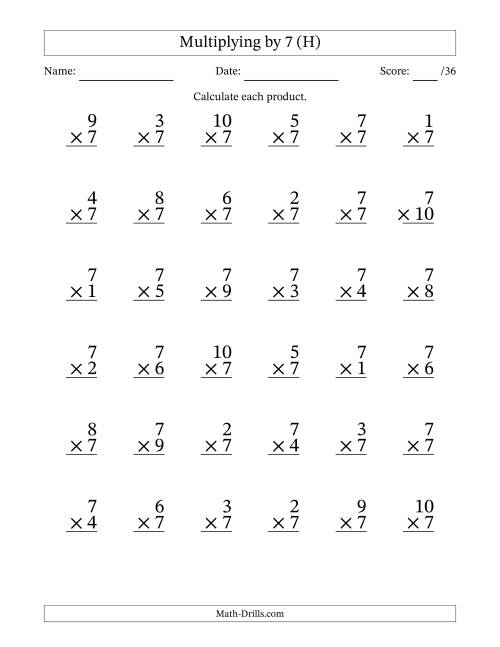 The Multiplying (1 to 10) by 7 (36 Questions) (H) Math Worksheet