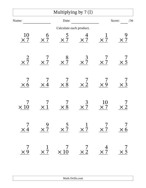 The Multiplying (1 to 10) by 7 (36 Questions) (I) Math Worksheet