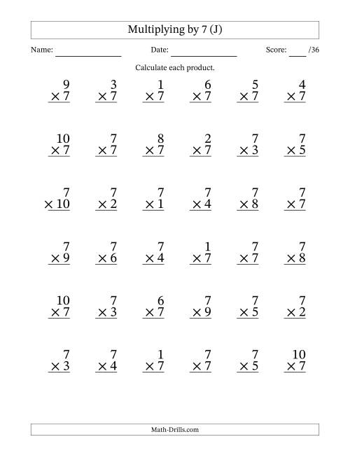 The Multiplying (1 to 10) by 7 (36 Questions) (J) Math Worksheet