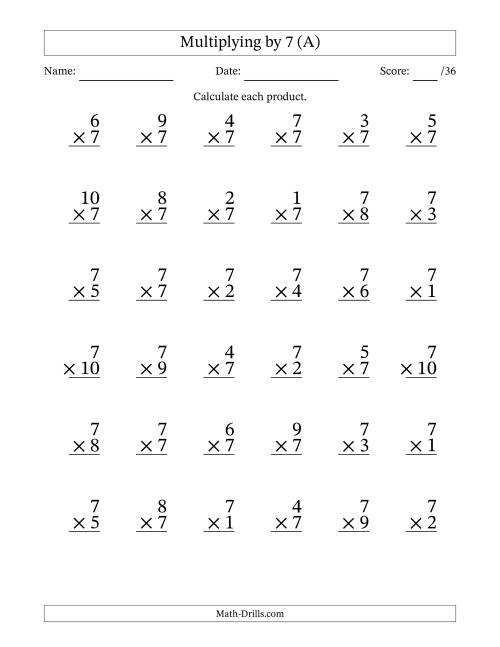 The Multiplying (1 to 10) by 7 (36 Questions) (All) Math Worksheet