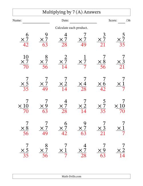 The Multiplying (1 to 10) by 7 (36 Questions) (All) Math Worksheet Page 2