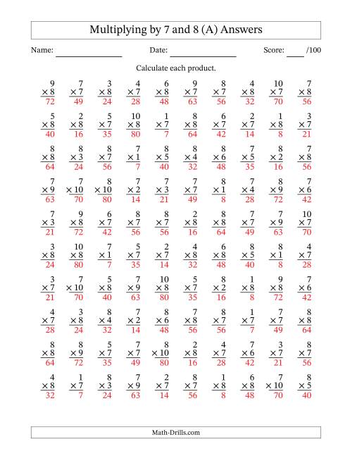The Multiplying (1 to 10) by 7 and 8 (100 Questions) (A) Math Worksheet Page 2