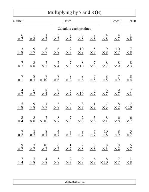 The Multiplying (1 to 10) by 7 and 8 (100 Questions) (B) Math Worksheet