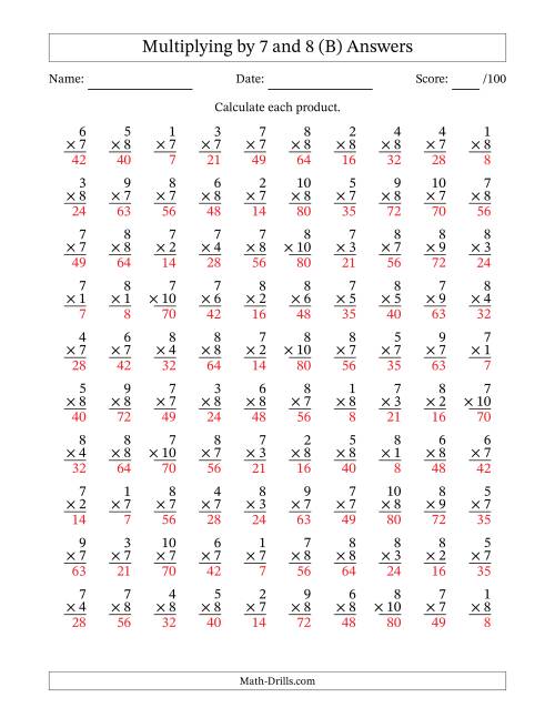 The Multiplying (1 to 10) by 7 and 8 (100 Questions) (B) Math Worksheet Page 2
