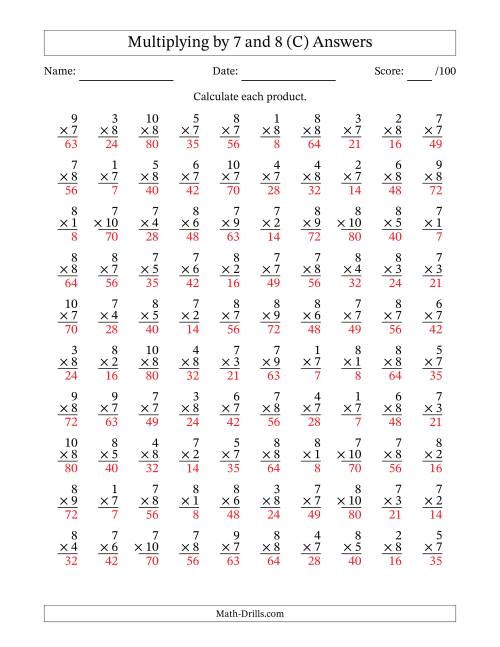 The Multiplying (1 to 10) by 7 and 8 (100 Questions) (C) Math Worksheet Page 2