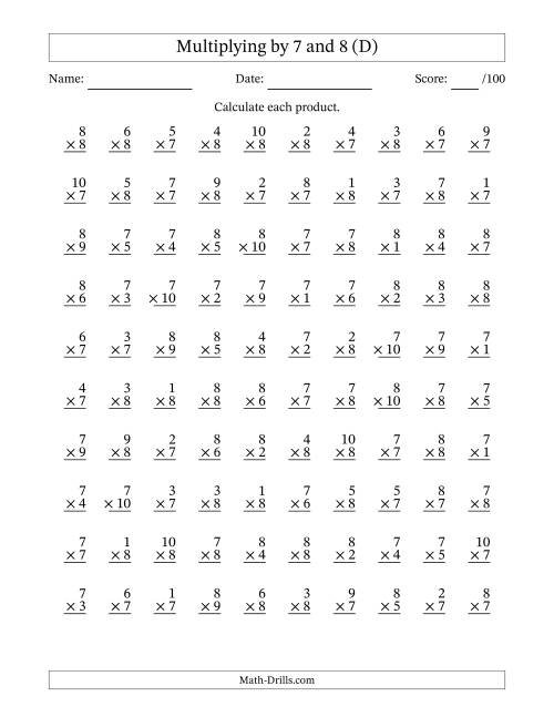 The Multiplying (1 to 10) by 7 and 8 (100 Questions) (D) Math Worksheet