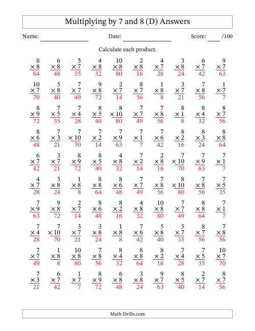 The Multiplying (1 to 10) by 7 and 8 (100 Questions) (D) Math Worksheet Page 2
