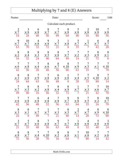 The Multiplying (1 to 10) by 7 and 8 (100 Questions) (E) Math Worksheet Page 2