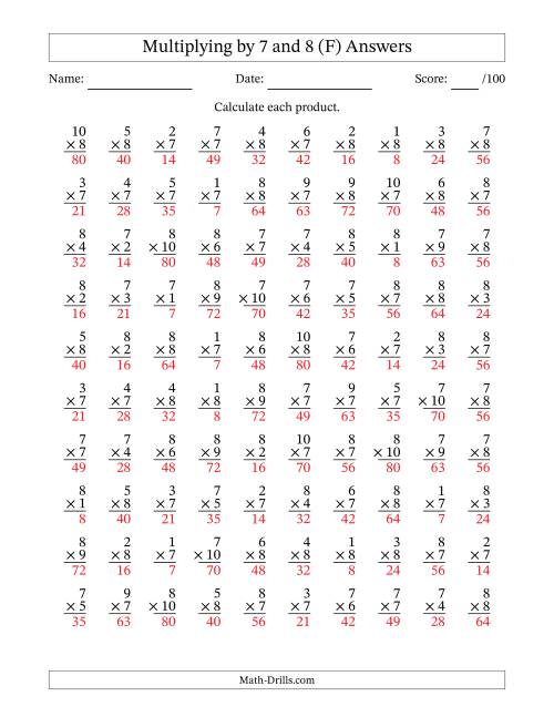 The Multiplying (1 to 10) by 7 and 8 (100 Questions) (F) Math Worksheet Page 2