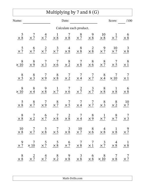 The Multiplying (1 to 10) by 7 and 8 (100 Questions) (G) Math Worksheet