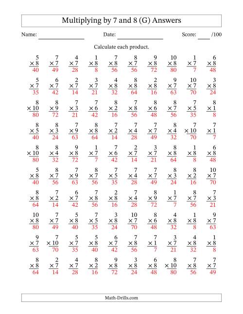 The Multiplying (1 to 10) by 7 and 8 (100 Questions) (G) Math Worksheet Page 2