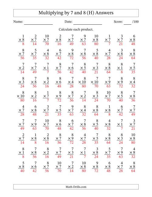 The Multiplying (1 to 10) by 7 and 8 (100 Questions) (H) Math Worksheet Page 2