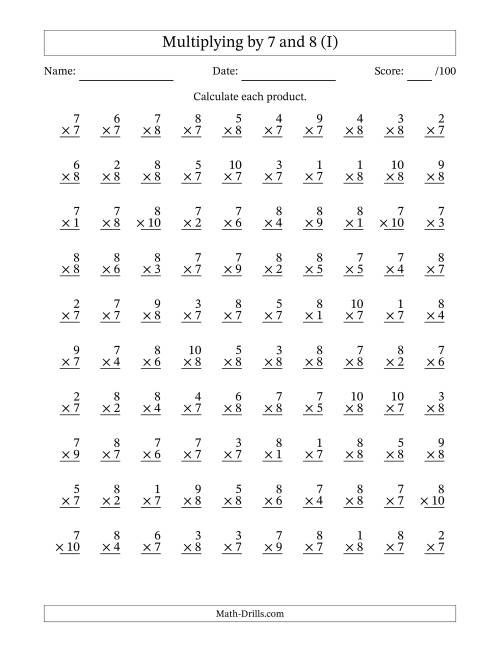 The Multiplying (1 to 10) by 7 and 8 (100 Questions) (I) Math Worksheet