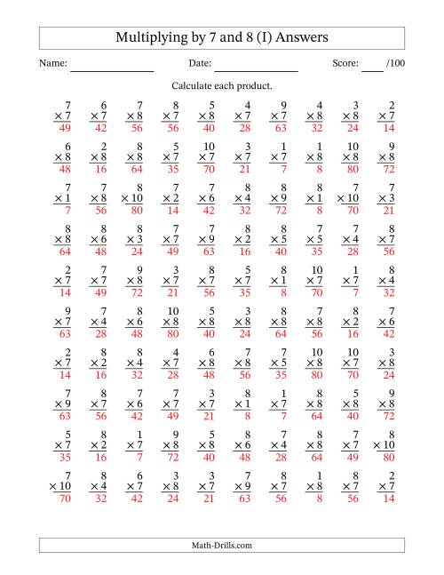 The Multiplying (1 to 10) by 7 and 8 (100 Questions) (I) Math Worksheet Page 2