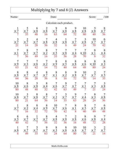 The Multiplying (1 to 10) by 7 and 8 (100 Questions) (J) Math Worksheet Page 2