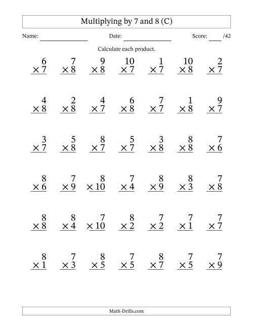 The Multiplying (1 to 10) by 7 and 8 (42 Questions) (C) Math Worksheet