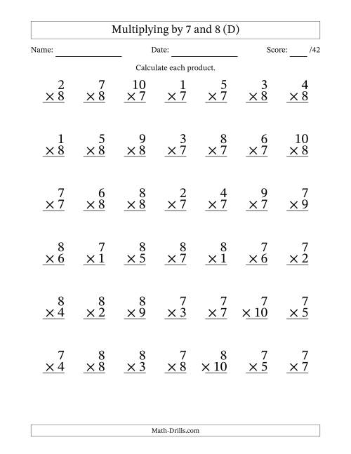 The Multiplying (1 to 10) by 7 and 8 (42 Questions) (D) Math Worksheet