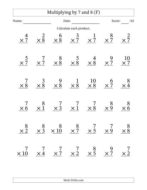 The Multiplying (1 to 10) by 7 and 8 (42 Questions) (F) Math Worksheet