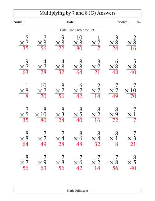The Multiplying (1 to 10) by 7 and 8 (42 Questions) (G) Math Worksheet Page 2