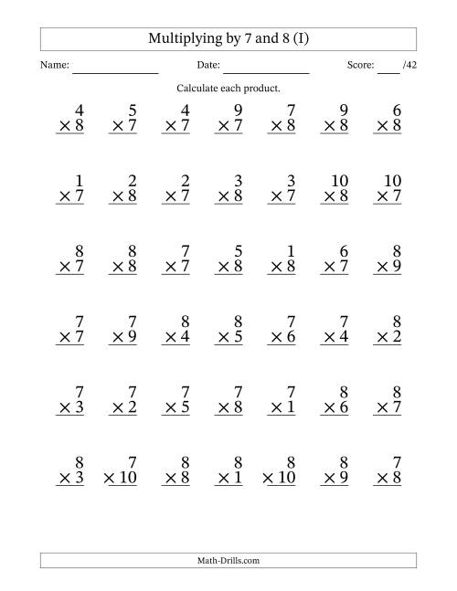 The Multiplying (1 to 10) by 7 and 8 (42 Questions) (I) Math Worksheet