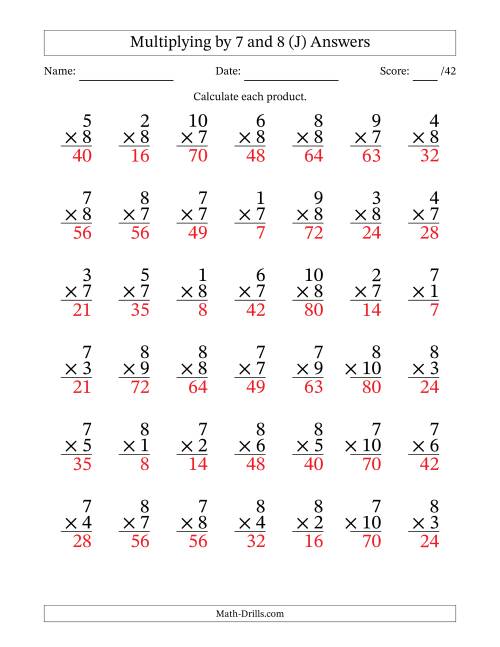 The Multiplying (1 to 10) by 7 and 8 (42 Questions) (J) Math Worksheet Page 2