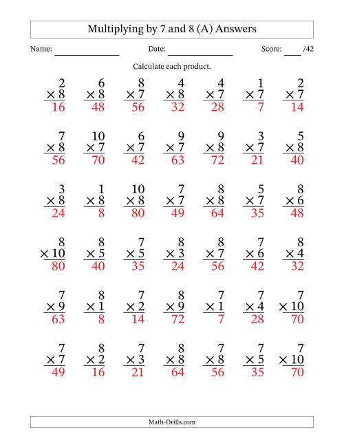 The Multiplying (1 to 10) by 7 and 8 (42 Questions) (All) Math Worksheet Page 2