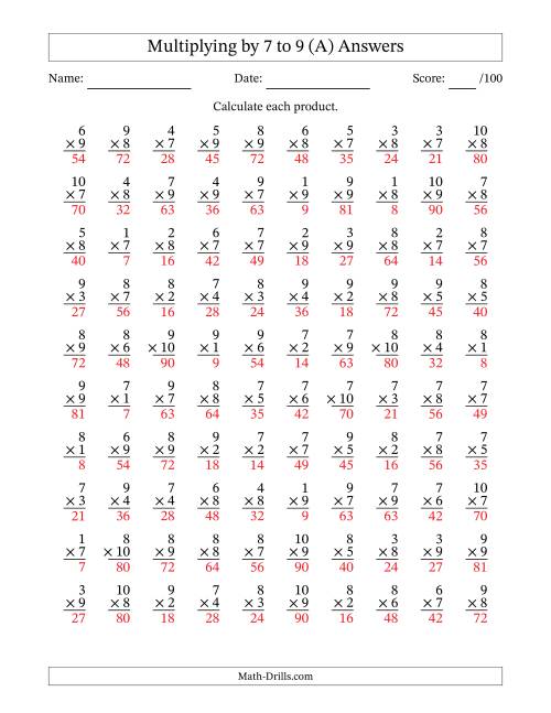 The Multiplying (1 to 10) by 7 to 9 (100 Questions) (A) Math Worksheet Page 2