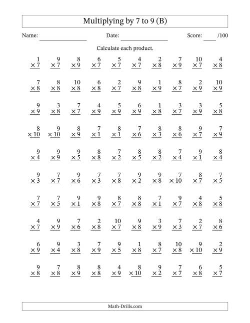 The Multiplying (1 to 10) by 7 to 9 (100 Questions) (B) Math Worksheet