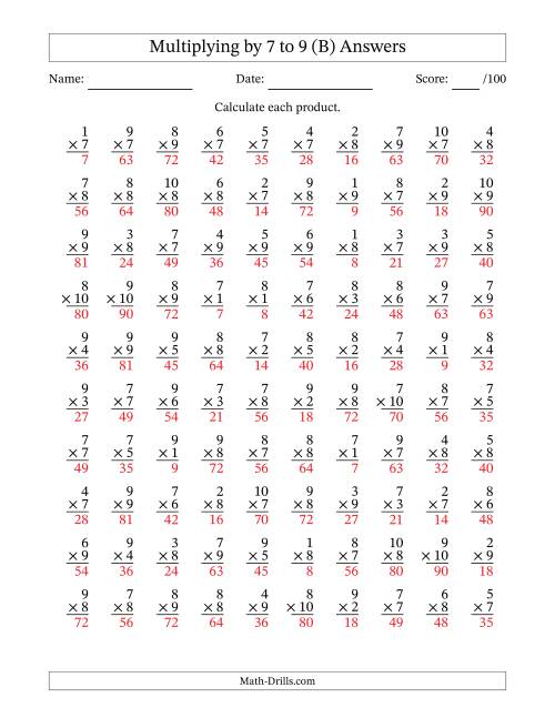 The Multiplying (1 to 10) by 7 to 9 (100 Questions) (B) Math Worksheet Page 2