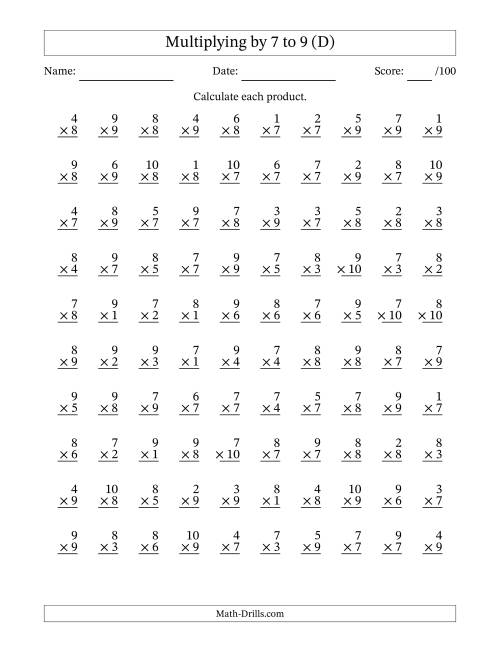 The Multiplying (1 to 10) by 7 to 9 (100 Questions) (D) Math Worksheet