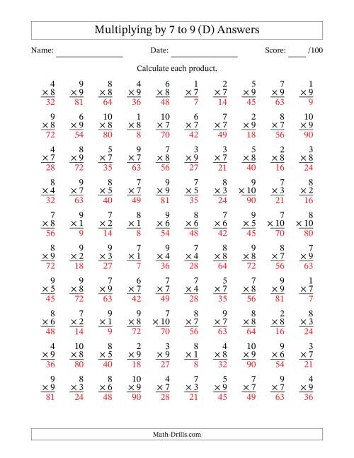 The Multiplying (1 to 10) by 7 to 9 (100 Questions) (D) Math Worksheet Page 2