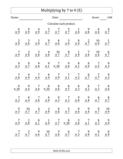 The Multiplying (1 to 10) by 7 to 9 (100 Questions) (E) Math Worksheet
