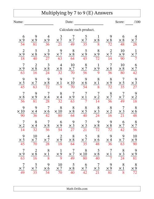 The Multiplying (1 to 10) by 7 to 9 (100 Questions) (E) Math Worksheet Page 2