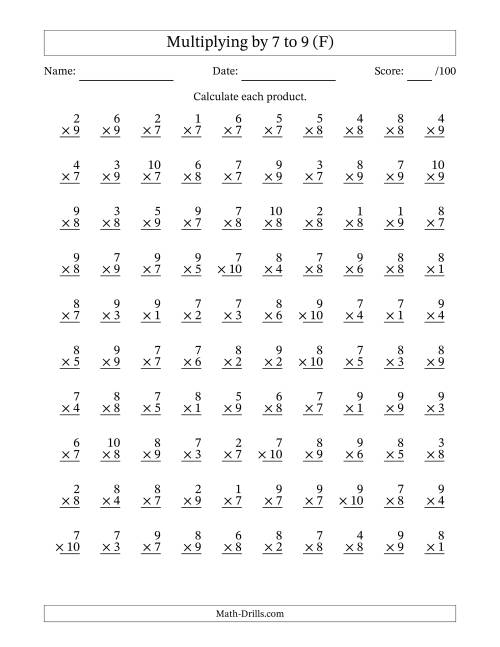 The Multiplying (1 to 10) by 7 to 9 (100 Questions) (F) Math Worksheet