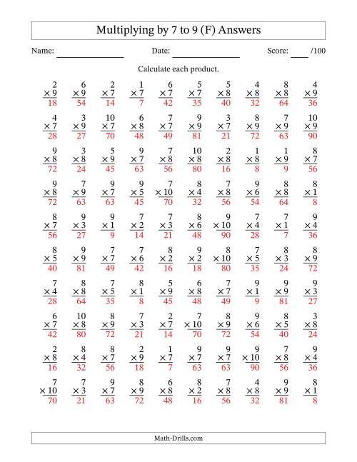 The Multiplying (1 to 10) by 7 to 9 (100 Questions) (F) Math Worksheet Page 2