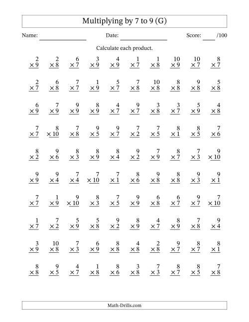 The Multiplying (1 to 10) by 7 to 9 (100 Questions) (G) Math Worksheet