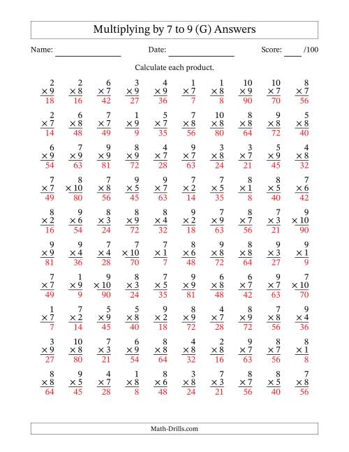 The Multiplying (1 to 10) by 7 to 9 (100 Questions) (G) Math Worksheet Page 2