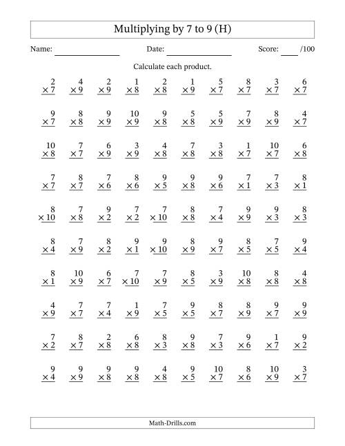 The Multiplying (1 to 10) by 7 to 9 (100 Questions) (H) Math Worksheet