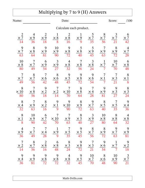 The Multiplying (1 to 10) by 7 to 9 (100 Questions) (H) Math Worksheet Page 2