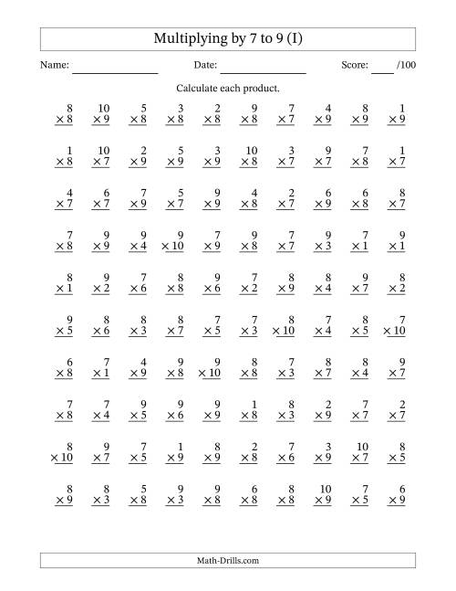 The Multiplying (1 to 10) by 7 to 9 (100 Questions) (I) Math Worksheet