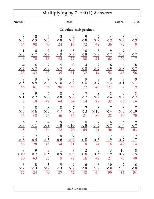 The Multiplying (1 to 10) by 7 to 9 (100 Questions) (I) Math Worksheet Page 2