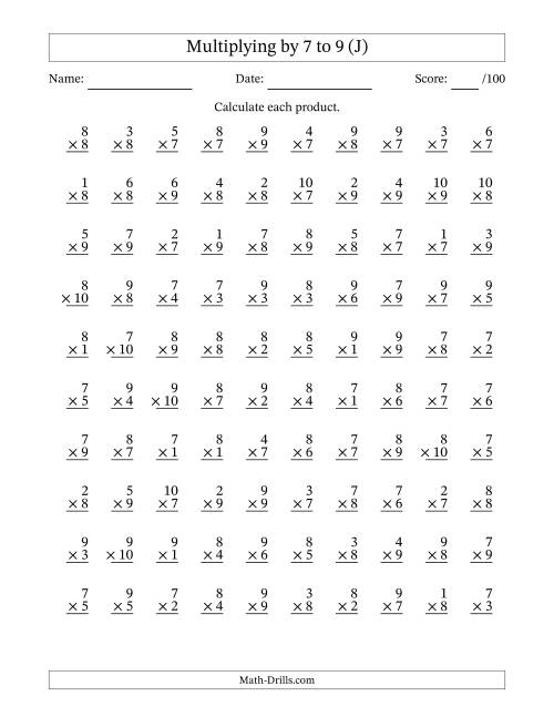 The Multiplying (1 to 10) by 7 to 9 (100 Questions) (J) Math Worksheet